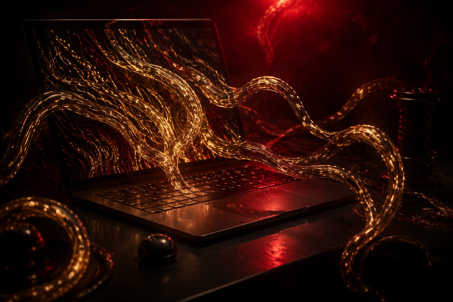 ターミナルから金色の光の触手が伸びるノートPC。