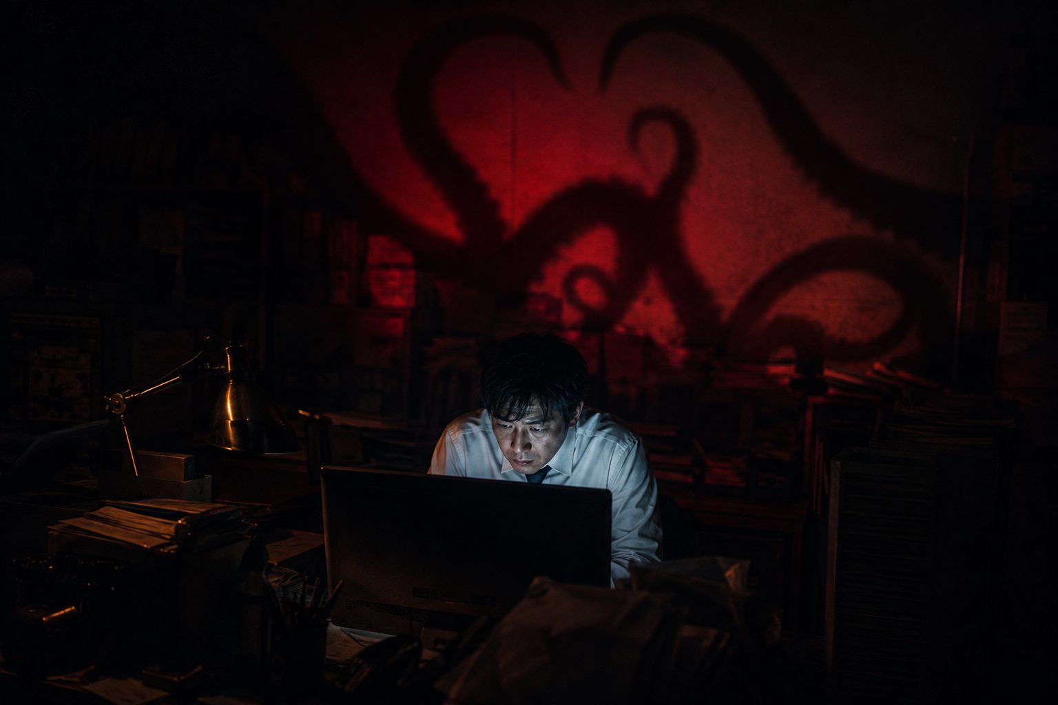 深夜のオフィス。モニターの光だけで働くサラリーマンと、壁に映るタコの影。